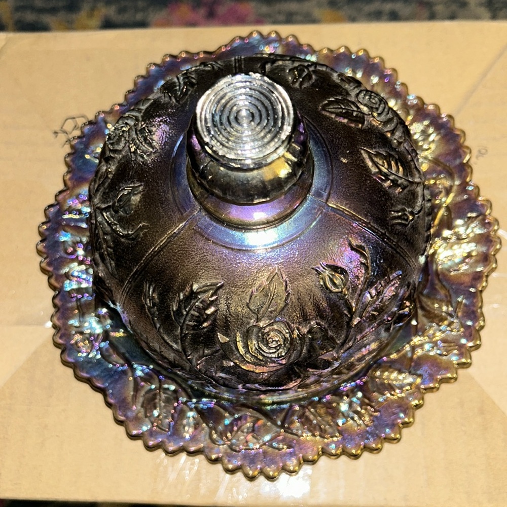 Imperial Glass Co. Lustre Rose Pattern Carnival Glass Round Butter Dish - Picture 3 of 10